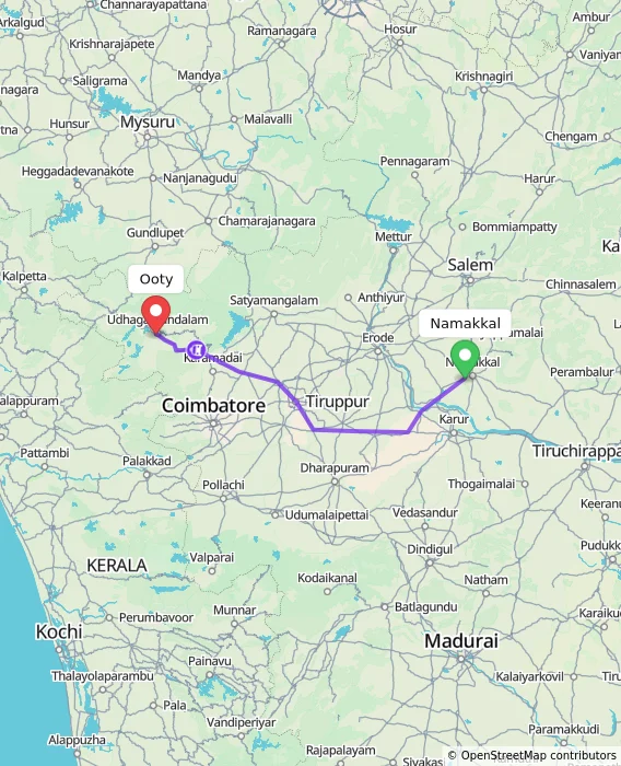 Route map showing distance and travel time from Namakkal, India to Ooty, India