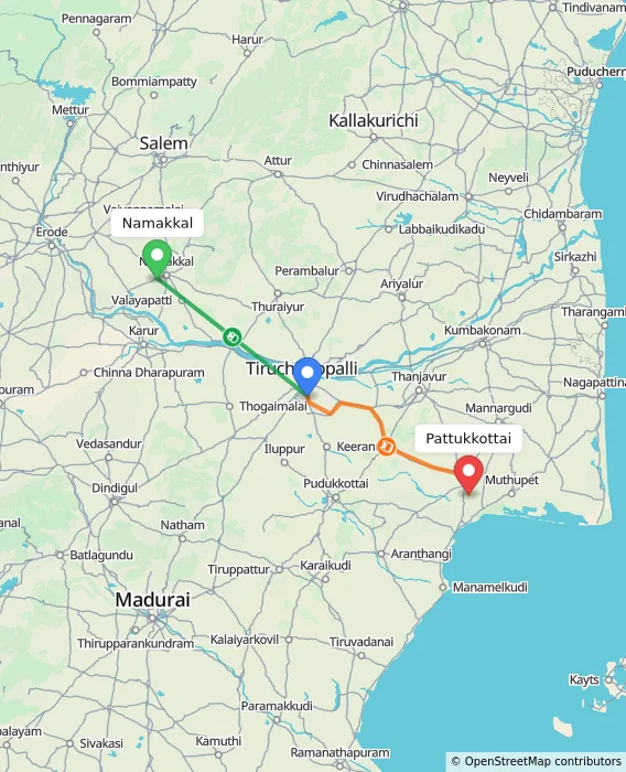 Route map showing distance and travel time from Namakkal, India to Pattukkottai, India