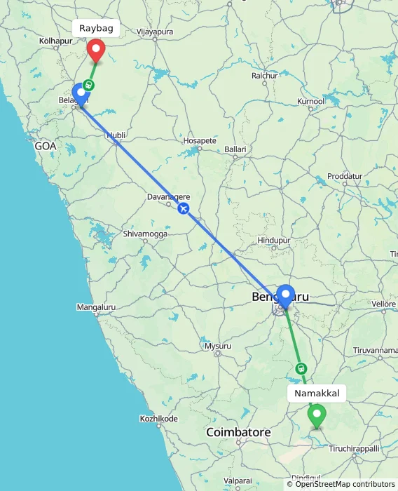 Route map showing distance and travel time from Namakkal, India to Raybag, India