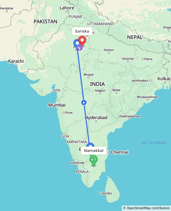 Route map showing distance and travel time from Namakkal, India to Sariska, India