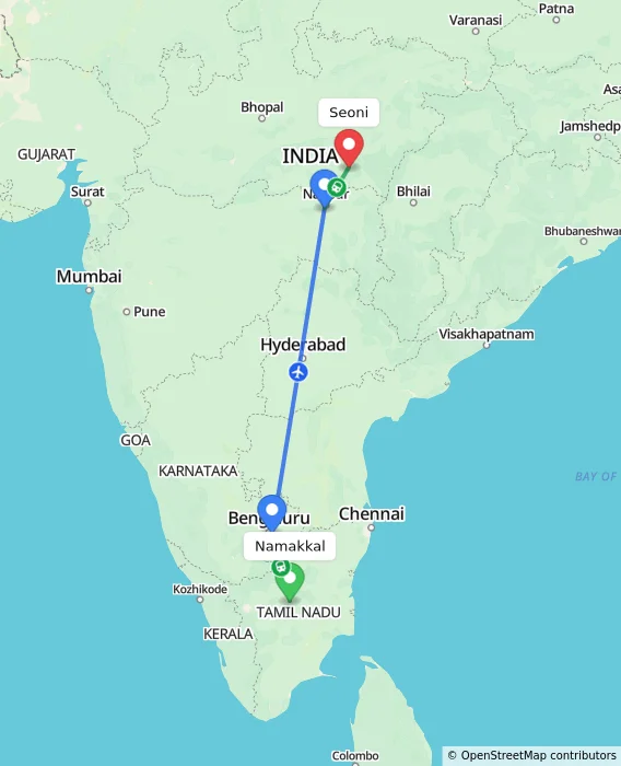 Route map showing distance and travel time from Namakkal, India to Seoni, India