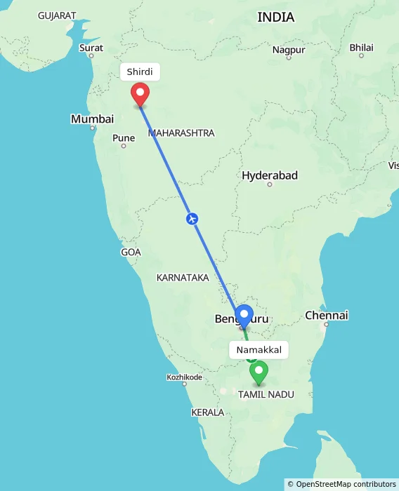 Route map showing distance and travel time from Namakkal, India to Shirdi, India