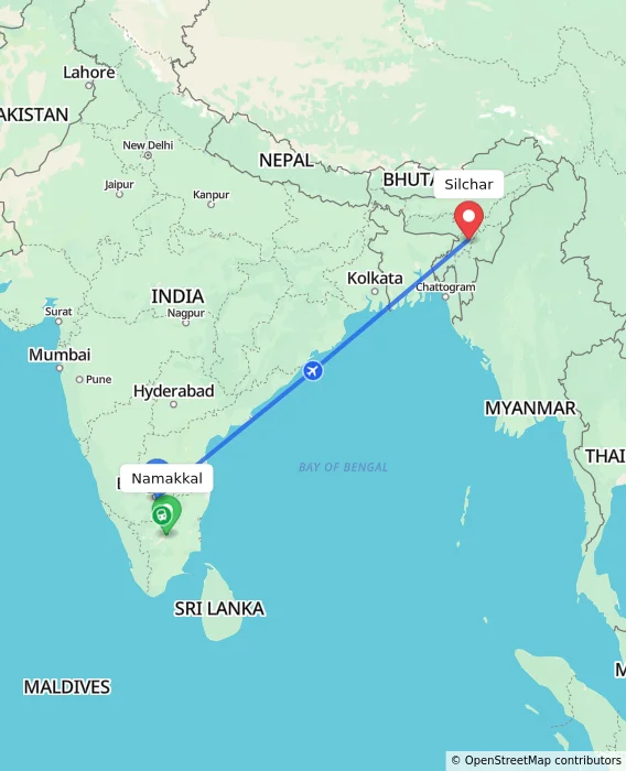 Route map showing distance and travel time from Namakkal, India to Silchar, India