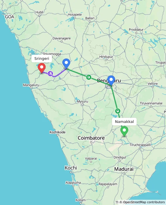 Route map showing distance and travel time from Namakkal, India to Sringeri, India