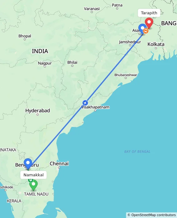 Route map showing distance and travel time from Namakkal, India to Tarapith, India