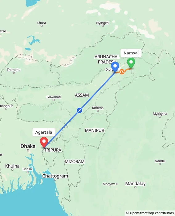 Route map showing distance and travel time from Namsai, India to Agartala, India