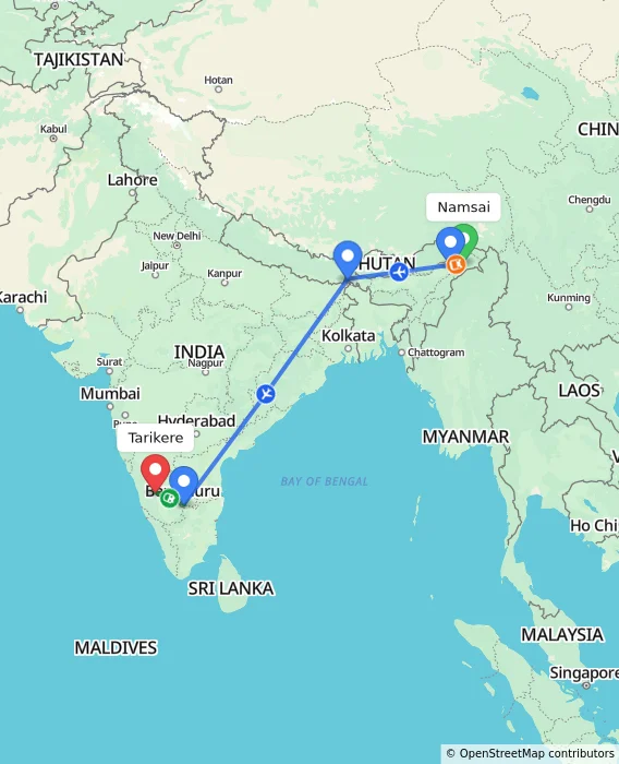 Route map showing distance and travel time from Namsai, India to Tarikere, India