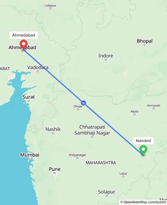 Route map showing distance and travel time from Nanded, India to Ahmedabad, India