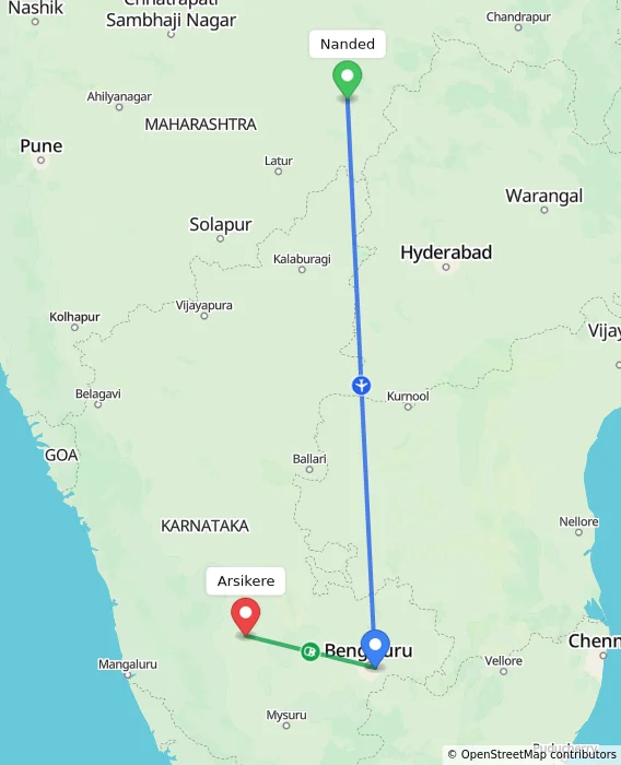 Route map showing distance and travel time from Nanded, India to Arsikere, India