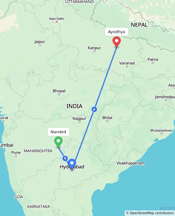 Route map showing distance and travel time from Nanded, India to Ayodhya, India