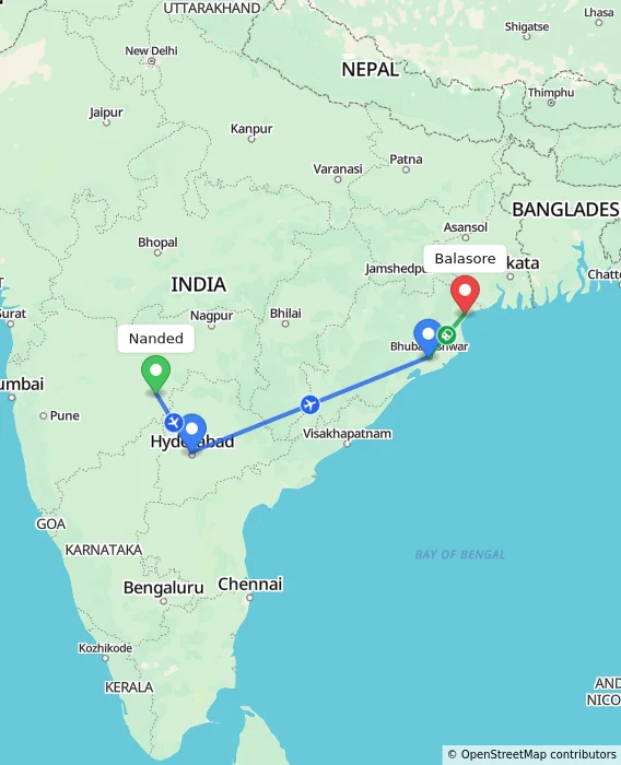 Route map showing distance and travel time from Nanded, India to Balasore, India