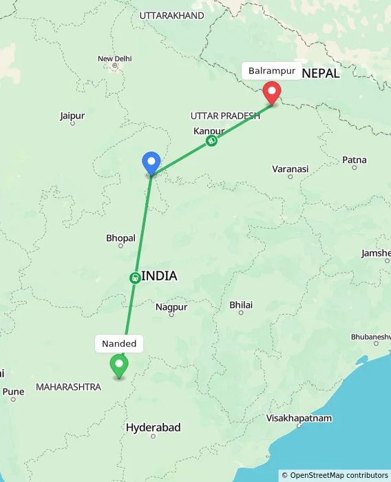 Route map showing distance and travel time from Nanded, India to Balrampur, India