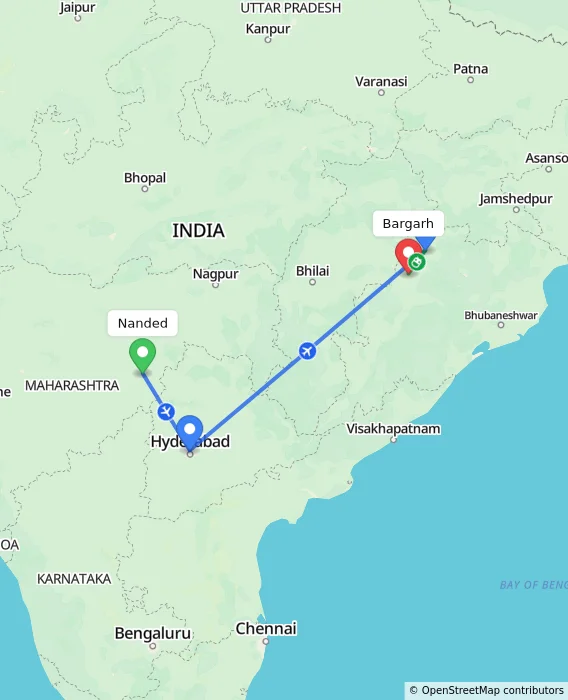 Route map showing distance and travel time from Nanded, India to Bargarh, India