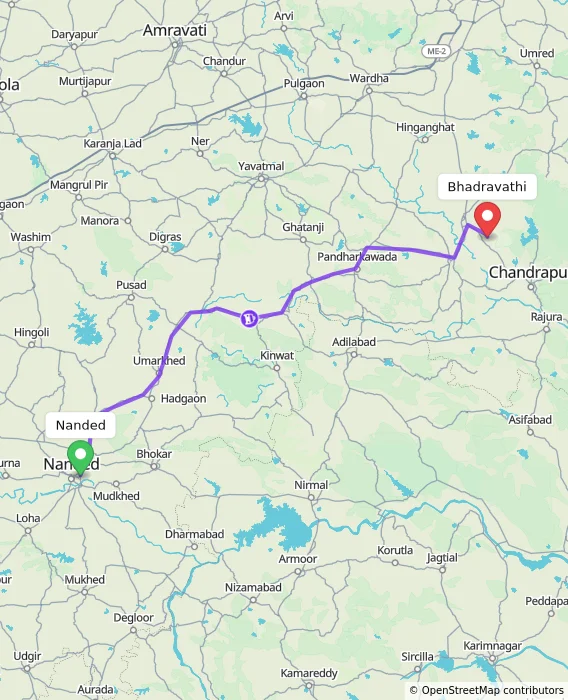 Route map showing distance and travel time from Nanded, India to Bhadravathi, India
