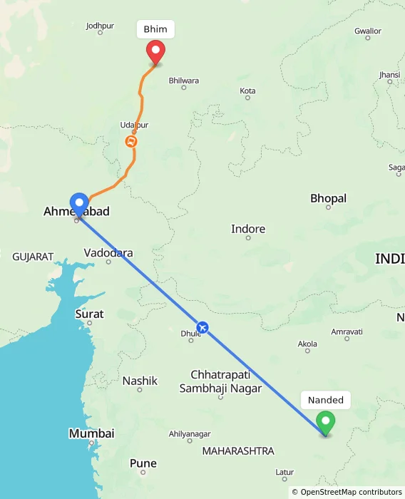 Route map showing distance and travel time from Nanded, India to Bhim, India