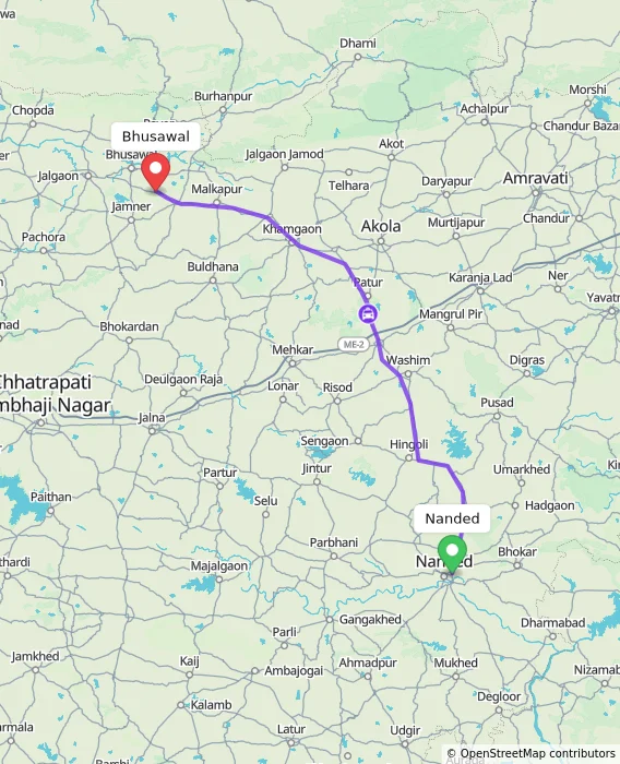 Route map showing distance and travel time from Nanded, India to Bhusawal, India