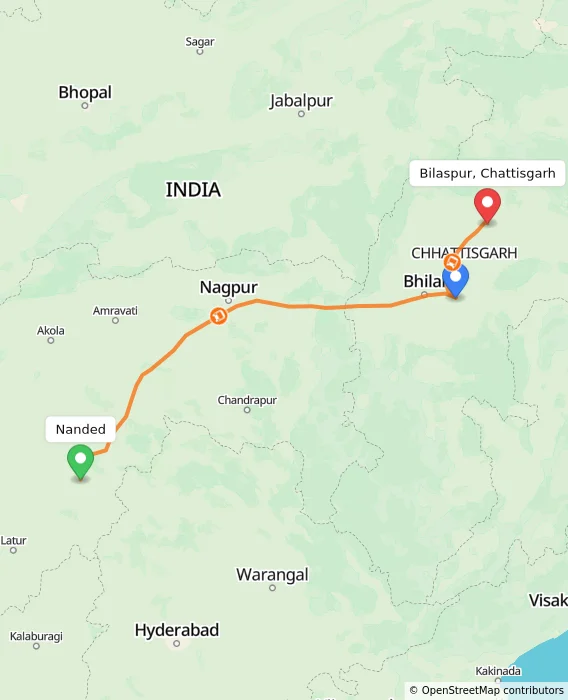 Route map showing distance and travel time from Nanded, India to Bilaspur, Chattisgarh, India