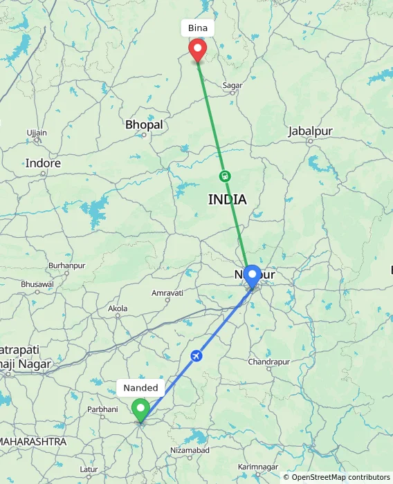 Route map showing distance and travel time from Nanded, India to Bina, India