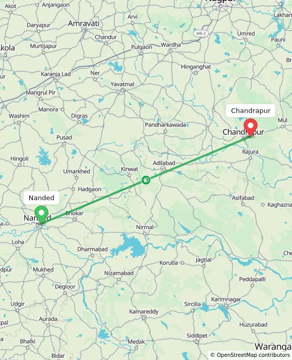 Route map showing distance and travel time from Nanded, India to Chandrapur, India