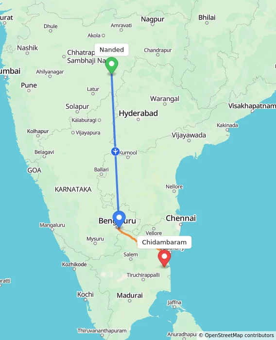 Route map showing distance and travel time from Nanded, India to Chidambaram, India