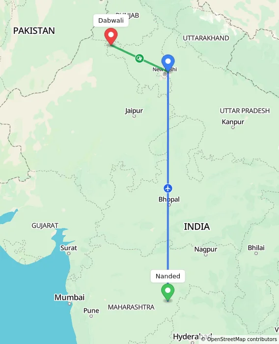 Route map showing distance and travel time from Nanded, India to Dabwali, India