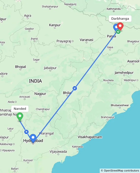 Route map showing distance and travel time from Nanded, India to Darbhanga, India