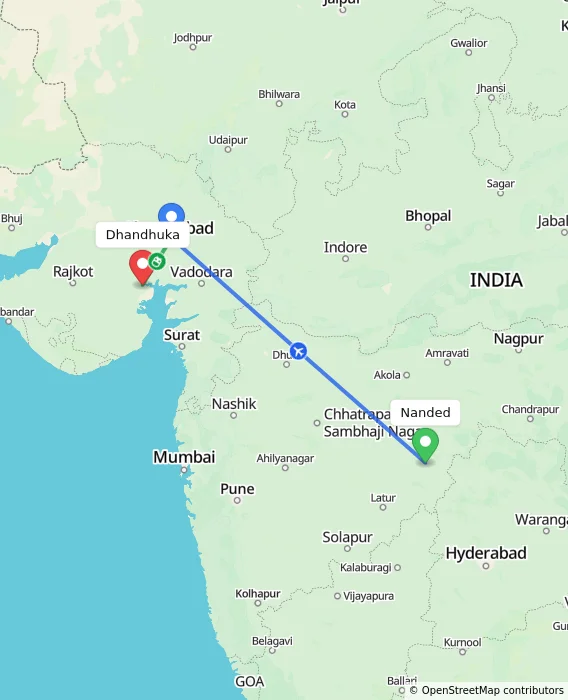 Route map showing distance and travel time from Nanded, India to Dhandhuka, India