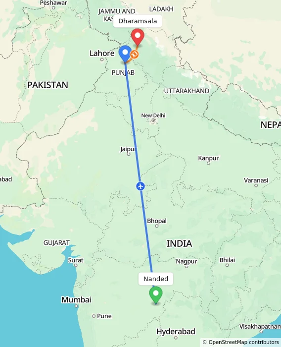 Route map showing distance and travel time from Nanded, India to Dharamsala, India
