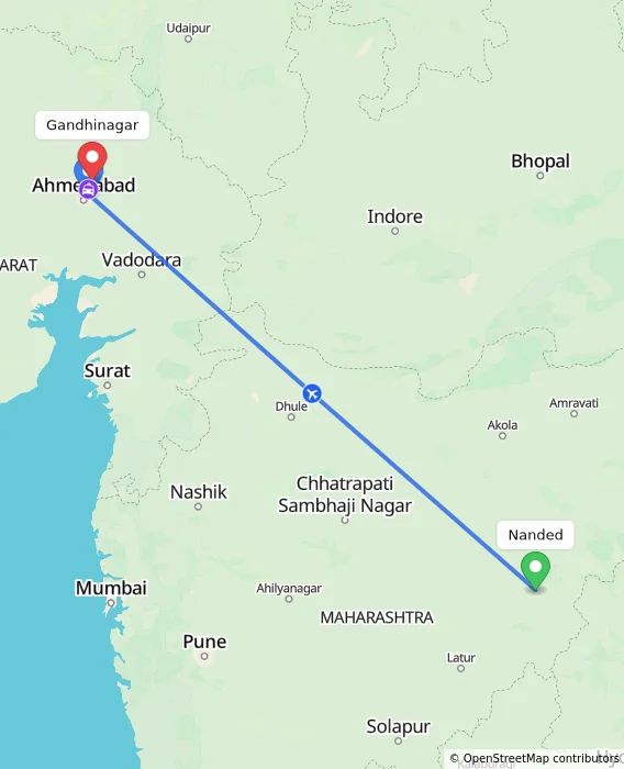 Route map showing distance and travel time from Nanded, India to Gandhinagar, India