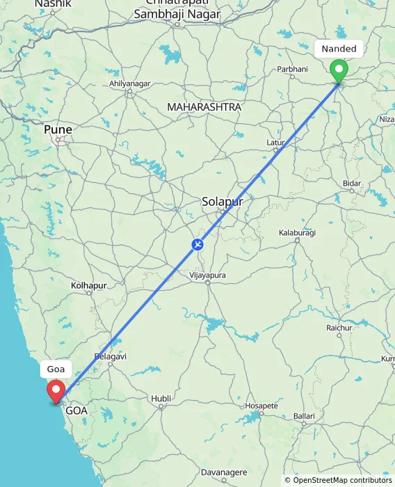 Route map showing distance and travel time from Nanded, India to Goa, India