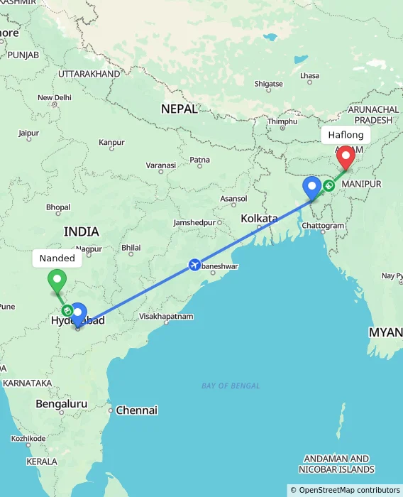 Route map showing distance and travel time from Nanded, India to Haflong, India