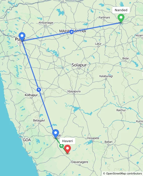 Route map showing distance and travel time from Nanded, India to Haveri, India