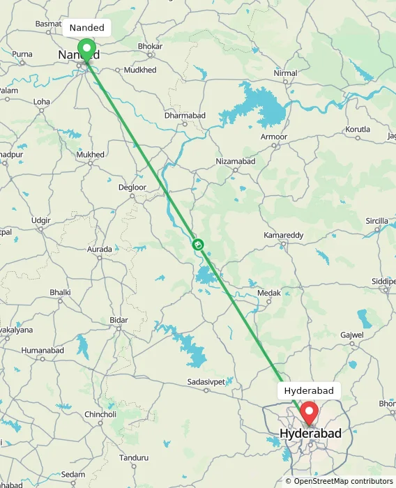 Route map showing distance and travel time from Nanded, India to Hyderabad, India