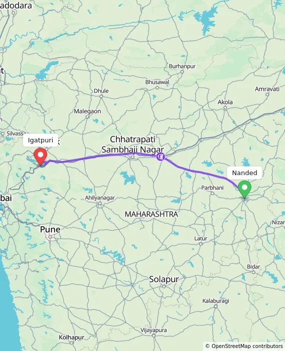 Route map showing distance and travel time from Nanded, India to Igatpuri, India