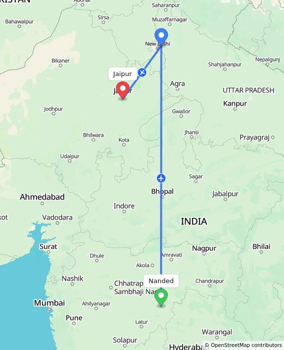 Route map showing distance and travel time from Nanded, India to Jaipur, India