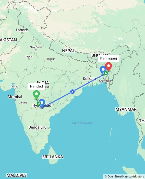 Route map showing distance and travel time from Nanded, India to Karimganj, India