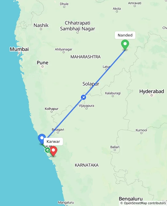 Route map showing distance and travel time from Nanded, India to Karwar, India