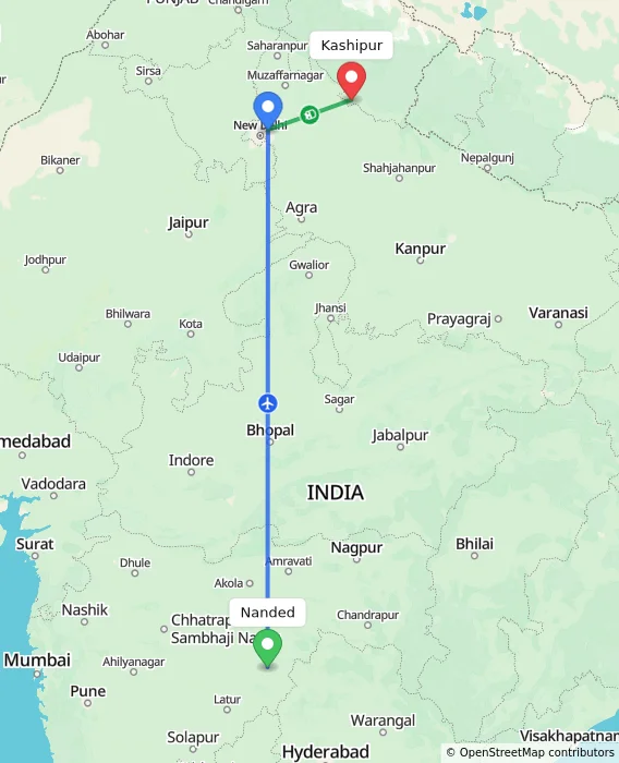 Route map showing distance and travel time from Nanded, India to Kashipur, India