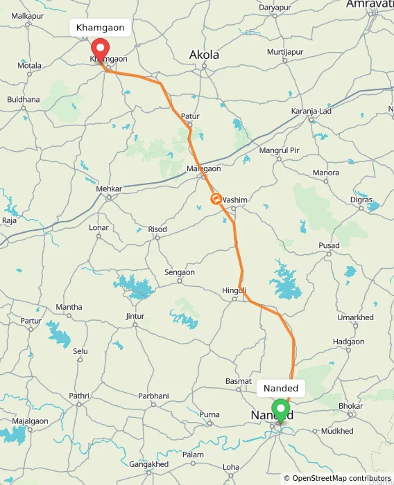 Route map showing distance and travel time from Nanded, India to Khamgaon, India