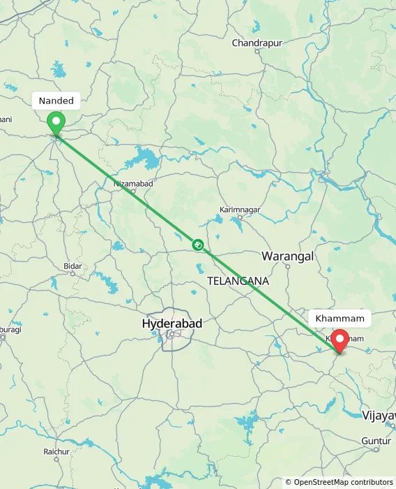 Route map showing distance and travel time from Nanded, India to Khammam, India