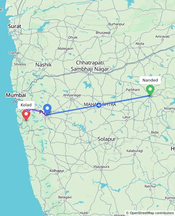 Route map showing distance and travel time from Nanded, India to Kolad, India