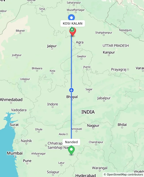 Route map showing distance and travel time from Nanded, India to KOSI KALAN, India