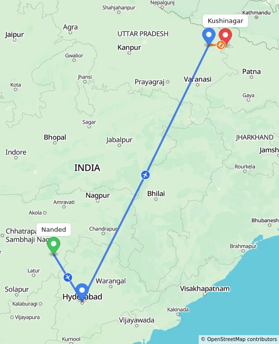 Route map showing distance and travel time from Nanded, India to Kushinagar, India