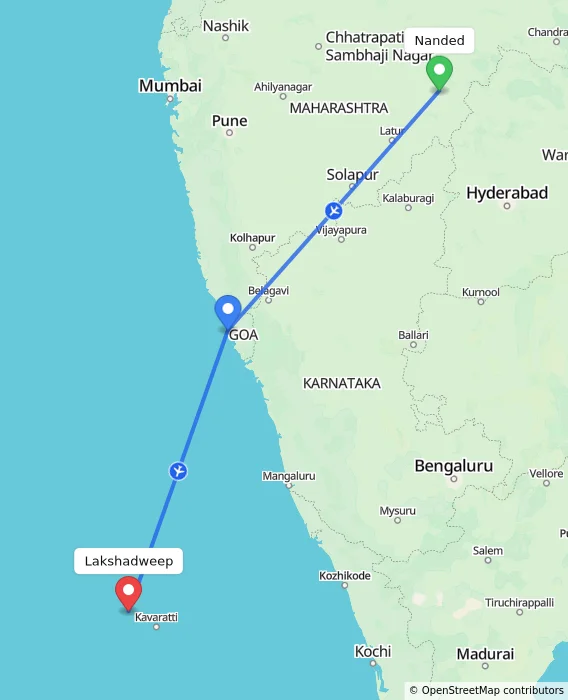 Route map showing distance and travel time from Nanded, India to Lakshadweep, India