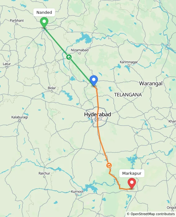 Route map showing distance and travel time from Nanded, India to Markapur, India