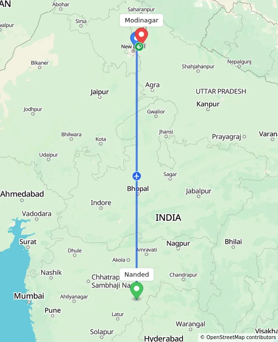 Route map showing distance and travel time from Nanded, India to Modinagar, India