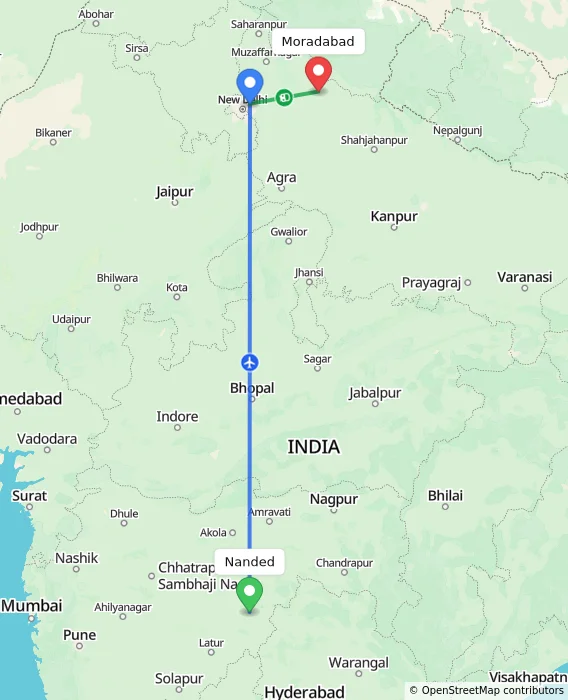 Route map showing distance and travel time from Nanded, India to Moradabad, India