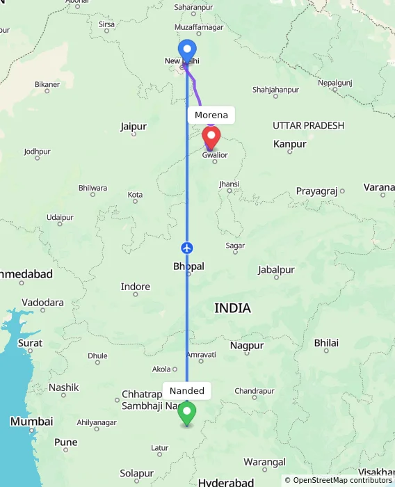Route map showing distance and travel time from Nanded, India to Morena, India