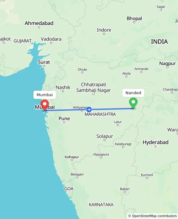 Route map showing distance and travel time from Nanded, India to Mumbai, India