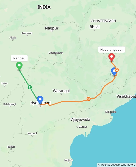 Route map showing distance and travel time from Nanded, India to Nabarangapur, India
